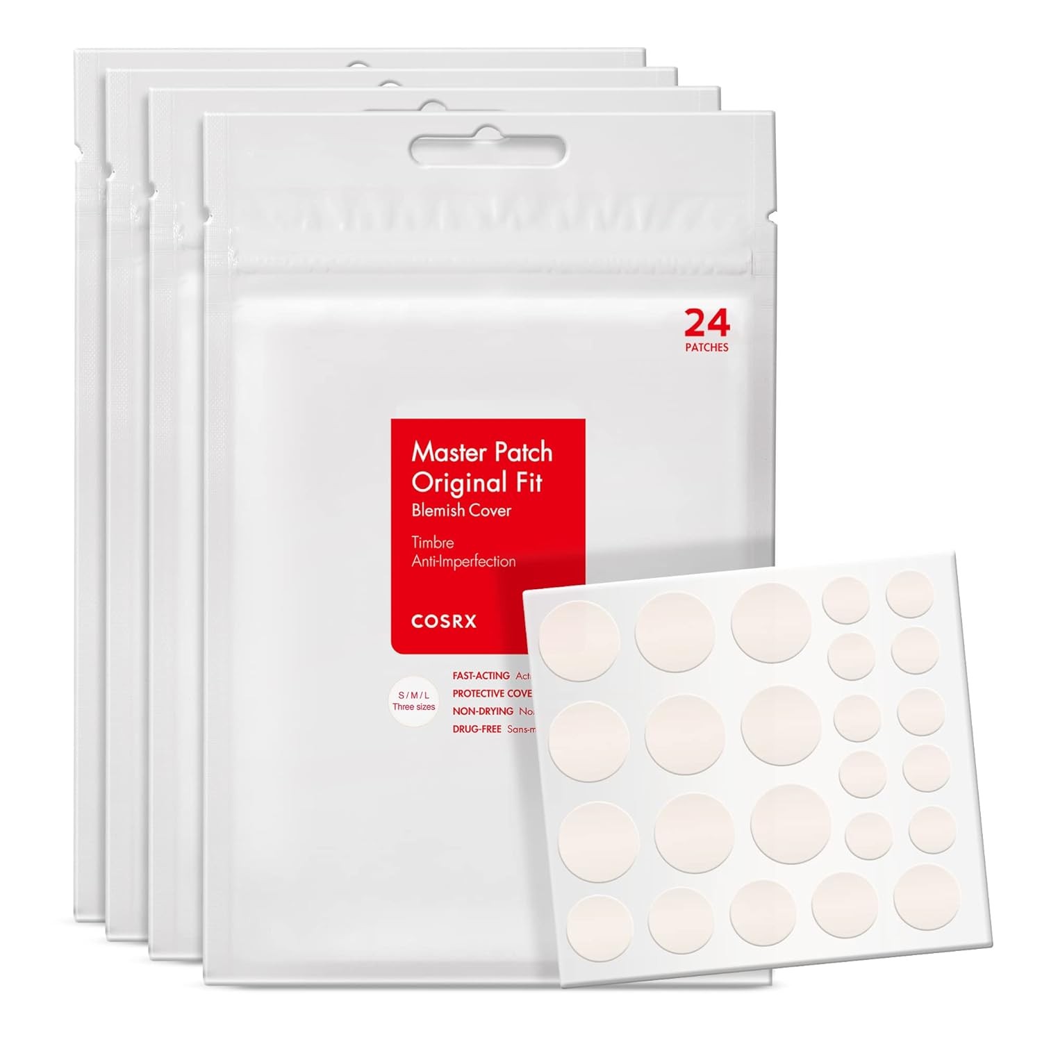 COSRX Acne Pimple Patch (96) Absorbing Hydrocolloid Original 3 Size Patches for Blemishes and Zits Cover, Spot Stickers for Face and Body, Not Tested on Animals